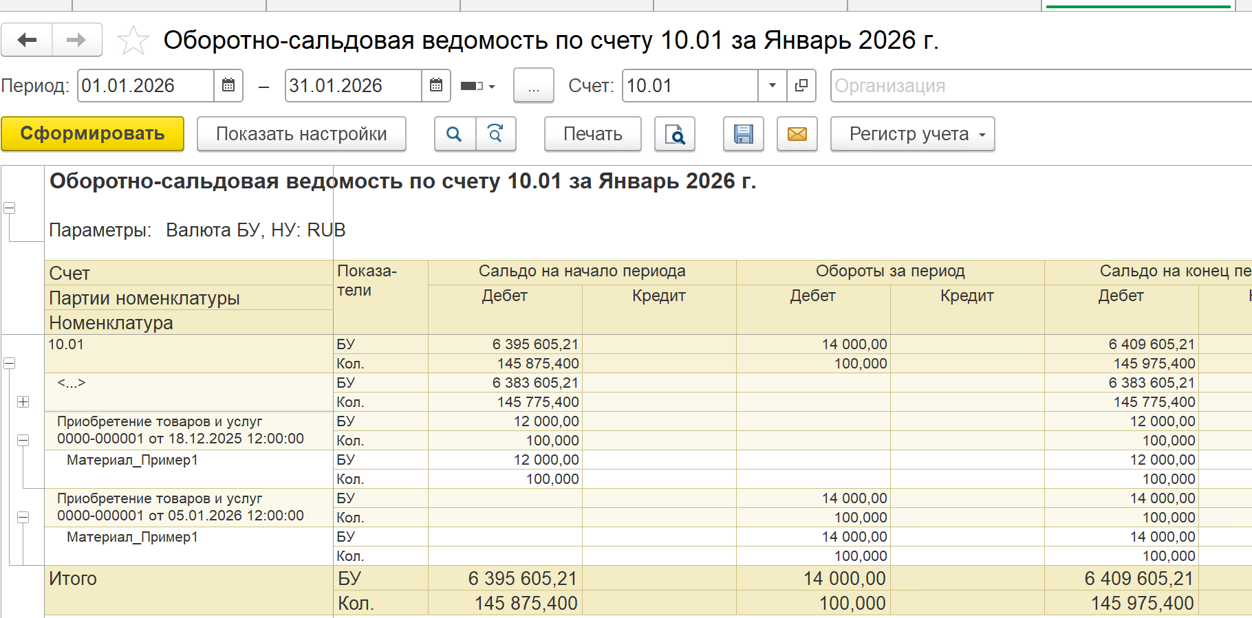 ОСВ за январь 2026 — входящие остатки с аналитикой по партии