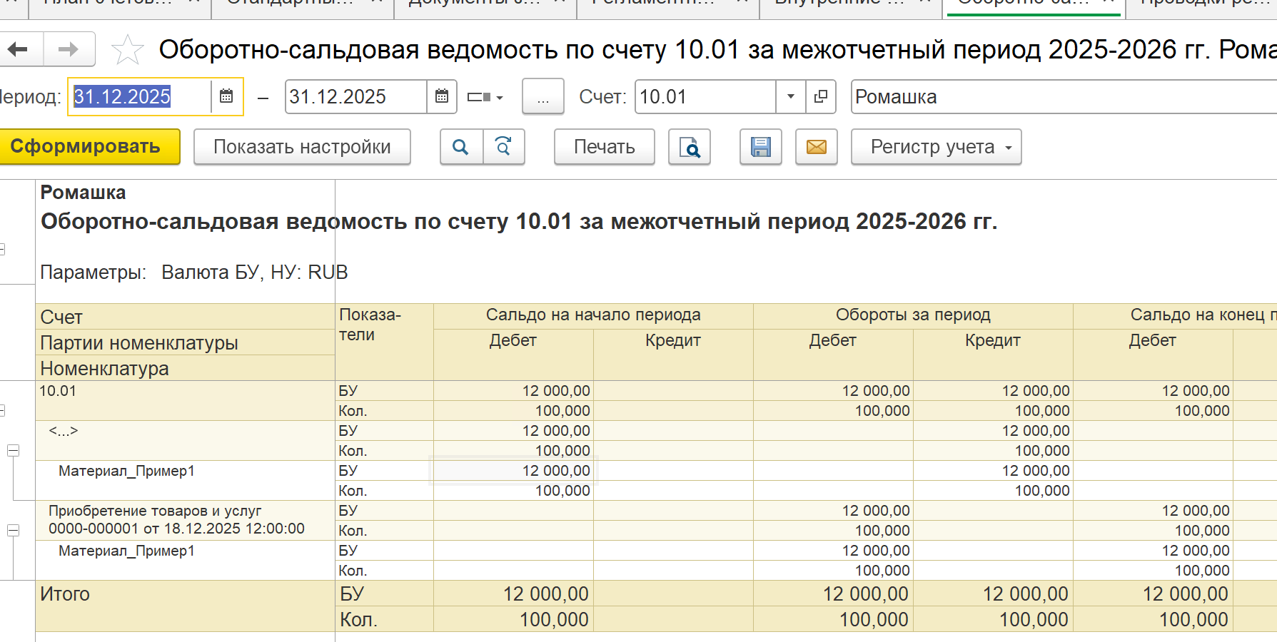 ОСВ с движениями межотчётного периода по переносу остатков