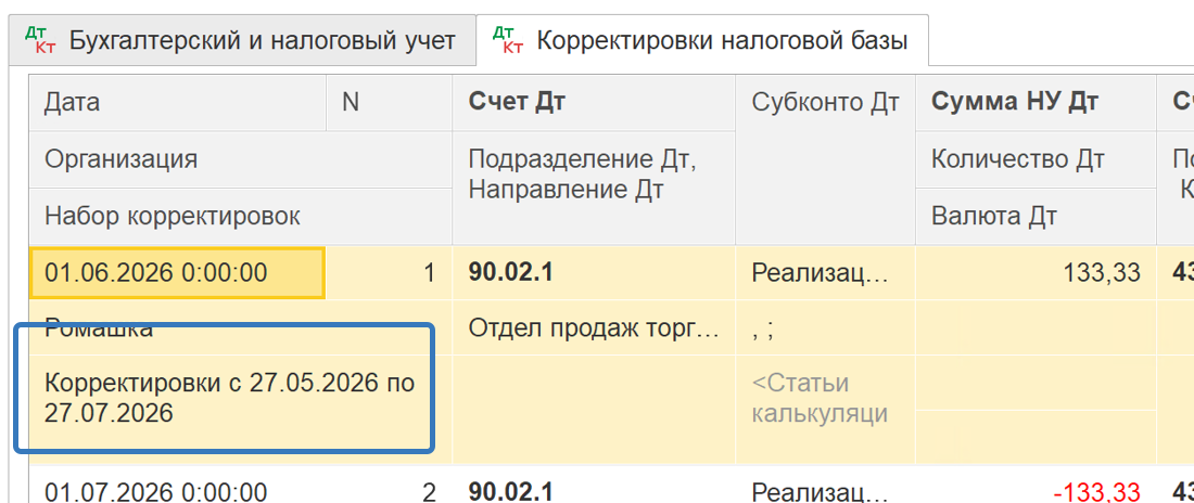 Реквизит «Набор корректировок» в проводках