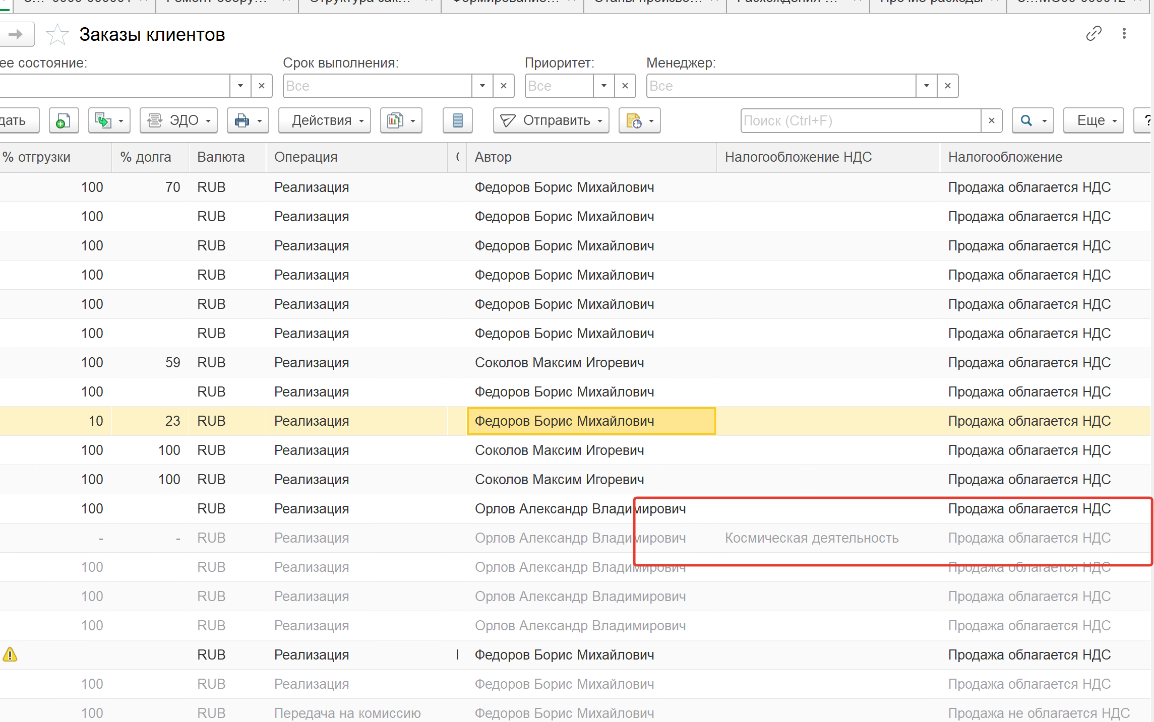 Журнал заказов с колонками «Направление деятельности» и «Вид деятельности НДС»